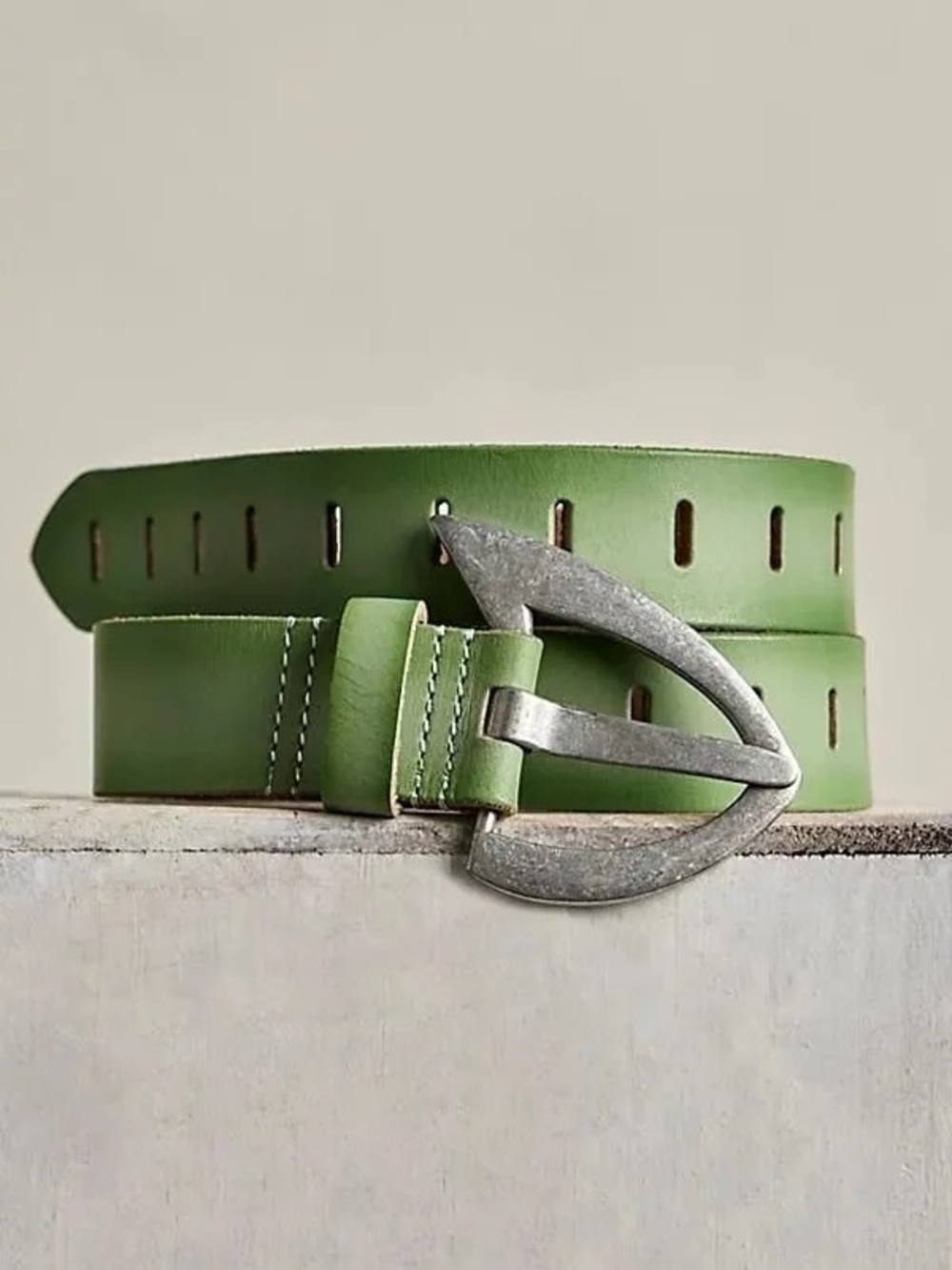 Free People Olive Green Leather Belt with Distressed Silver Buckle